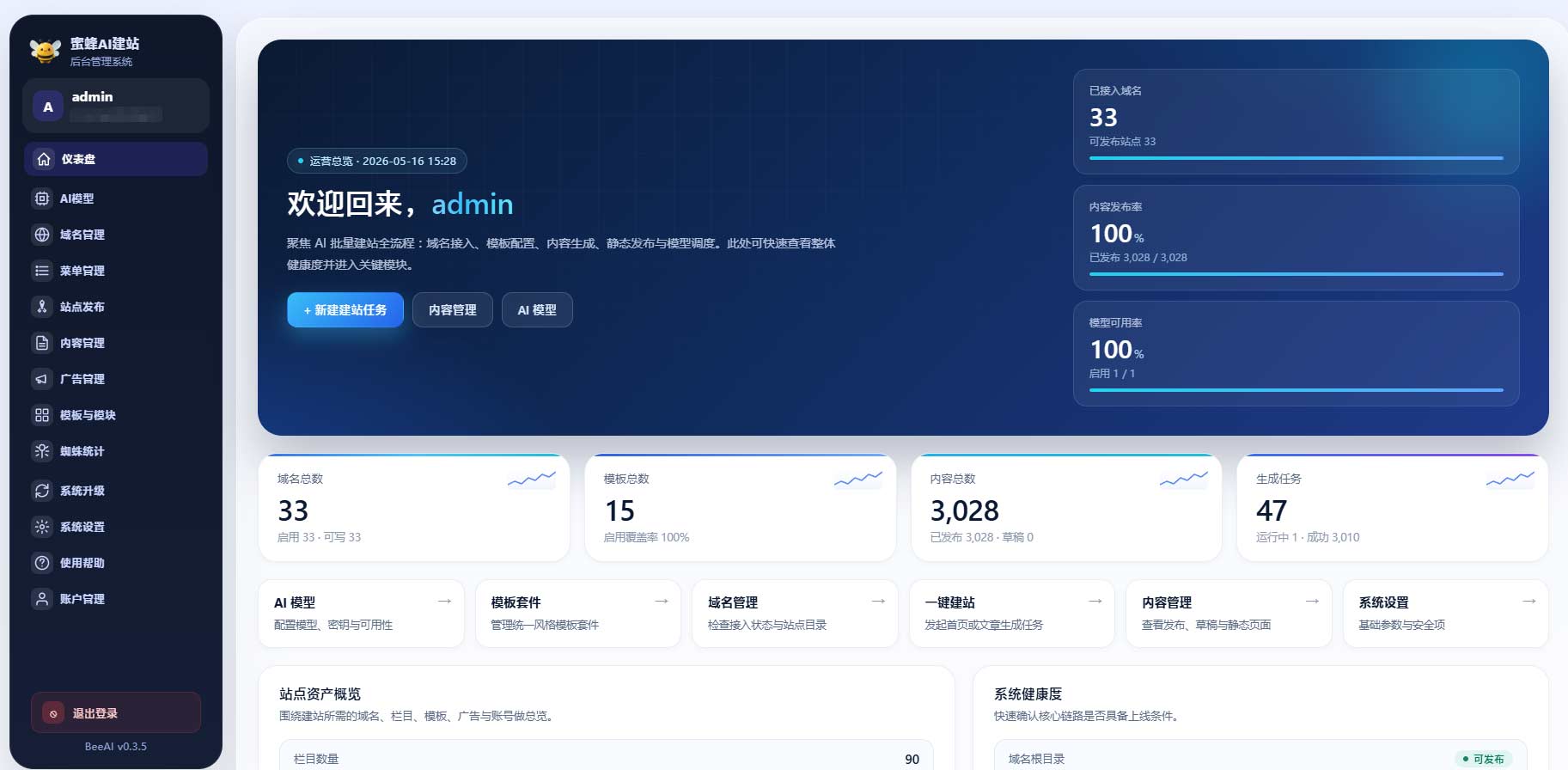 蜜蜂AI建站平台后台管理系统界面截图，展示AI批量建站仪表盘